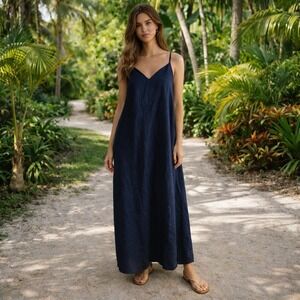The Frankie Shop Navy Blue Linen Blend V-Neck Spaghetti Strap Maxi Dress XS/S